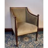 Edwardian satinwood banded mahogany armchair with Arts & Crafts influenced arm terminals,