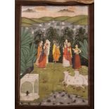 Early 20th Century Indian gouache on silk, Kali and attendants before a Lake, 82cm x 60cm, some