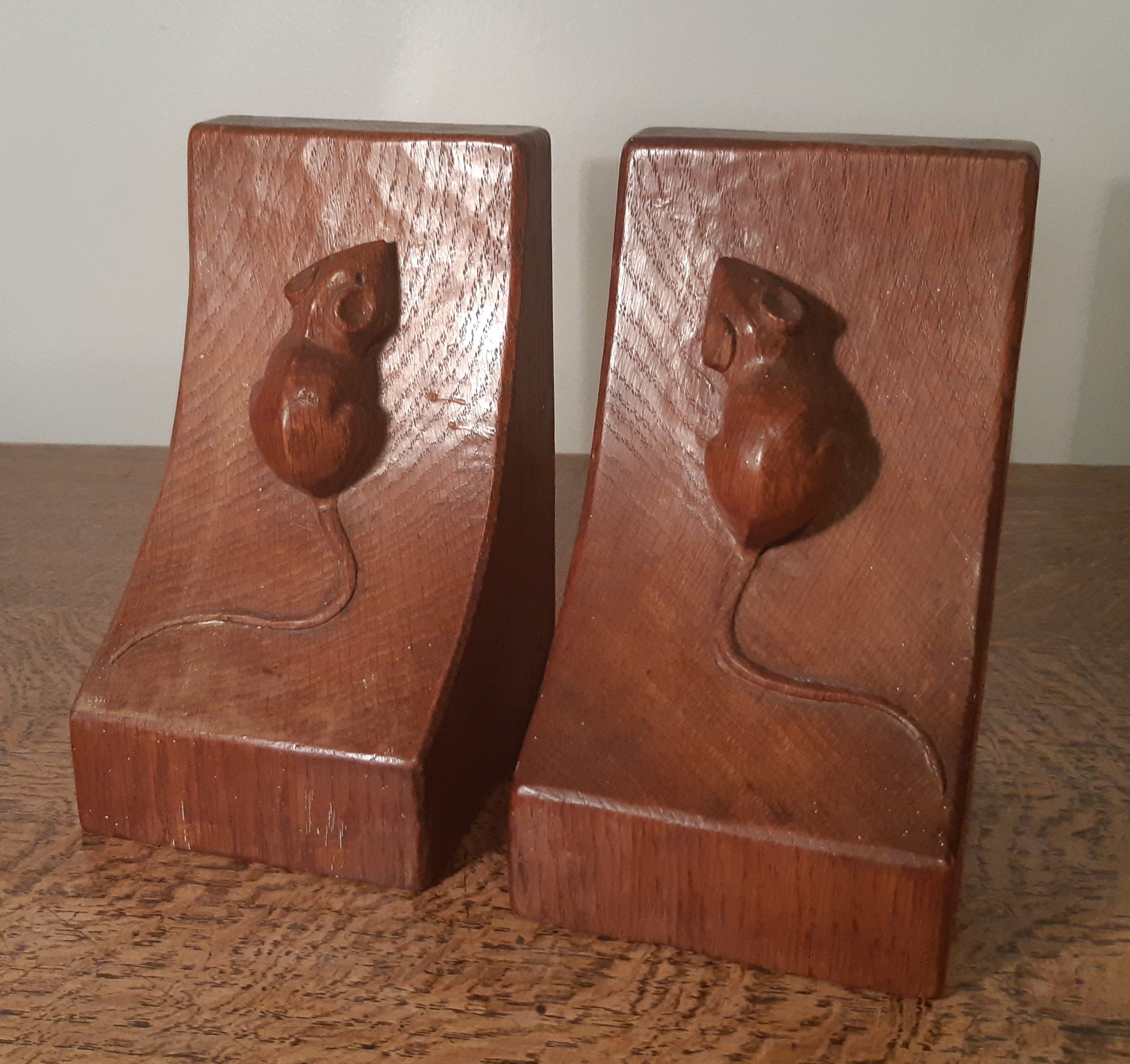 Pair of Robert 'Mouseman' Thompson of Kilburn bookends, each 9cm wide x 9.7cm deep x 15.7/8cm