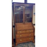 Oak bureau bookcase, formed of 1930's astragal glazed upper part and a George III bureau 110cm