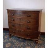 Early Victorian figured mahogany bow front chest of drawers, Bramah locks, bead mouldings on