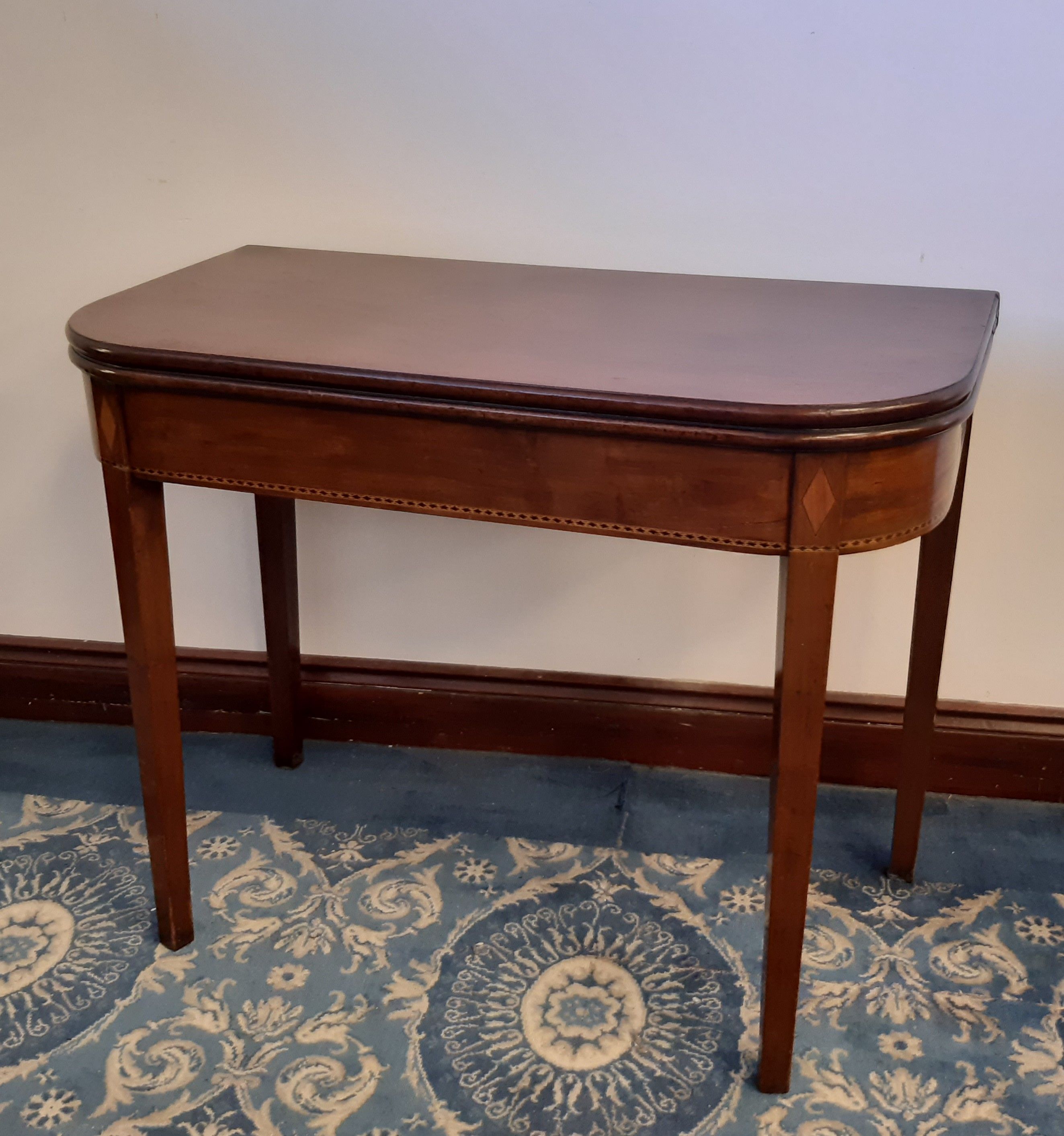 George III mahogany demi-lune tea table, inlaid frieze, square legs, 94cm wide x 49cm deep x 75cm