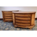 Pair of Armando Rho Italian figured walnut and rosewood banded demi-lune commode chests, each