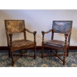 Pair late Victorian oak open armchairs of Gothic design, seats and backs upholstered in gilded and