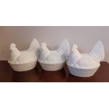 Three white pressed glass Hen on Nest egg coddlers, each 22cm long x 21cm high, good condition