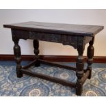 Old carved oak rectangular centre table of 17th Century design, 120cm wide x 54.5cm deep x 77cm