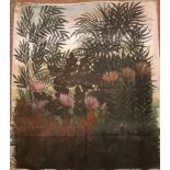 Early 20th Century Indonesian gouache on cotton, Dense riverside foliage, with a duck hiding