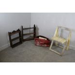 Two late Victorian wall shelves, folding teak garden chair and a holdall containing bowls