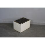 A painted metal lockable box 31cm x 50cm x 34cm lacking key