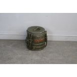 A cylindrical military hot food container, green painted and stencilled in red 41GNK 31cm x 31ccm