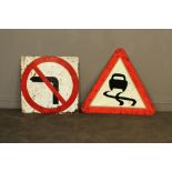Two vintage enamelled British road signs 'No Left turn' 60cm & Slippery Road' 69cm some enamel