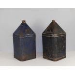 A pair of blue-painted oil cannisters 52cm , some denting, paint losses and screw caps lacking