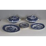 A quantity of blue and white china, dinner wares, Wedgwood, Grindley etc