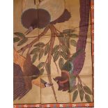 Early 20th Century Indian gouache on cotton, Study of three exotic birds,