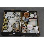 Two boxes of miscellaneous pottery and China, including Torquay ware, crested china model of the