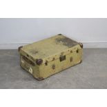 A vintage green canvas and leather travel trunk, bearing label for Reid & Todd Glasgow, 28cm x
