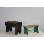 An antique green stained pine form or stool 31cm x 40cm and a smaller later example 21cm x 40cm