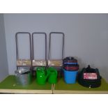 Three metal lawn aerators, galvanised mop bucket, plastic mop buckets, watering cans, 4 Christmas