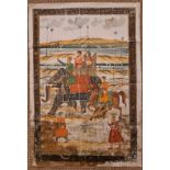 Indian gouache on silk, Mughal hunting party, 68cm x 46cm, stained and with decoration wear