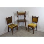 Two carved Victorian dining chairs, an mahogany occasional table and a piano stool