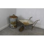 Vintage galvanized wheel barrow and garden incinerator, both used.