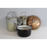 A galvanized 2 gallon watering can, enamel cooking pot and a pierced copper dish