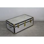A brass mounted aluminium fronted travel trunk, with checked blue material lining 34cm x 92cm x 50cm