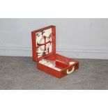A mid-century red canvas cased 'Sirram' picnic hamper, with four cups, plates, tray and cutlery 15cm