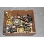 An antique brass-mounted brace, a Broadmead & Co pewter teapot, oriental brass bowls and a selection