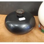 Chinese black lacquer powder bowl and cover and an Ostrich egg painted 'Botswana' with beadwork