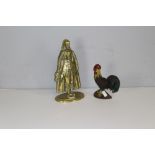 A cast-brass 'Charles I' door porter 35cm and a small painted cast-iron cockerel door porter 20cm