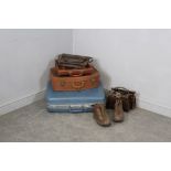 A vintage blue Samsonite suitcase, vintage suitcase, leather briefcases, hand bags and a pair of
