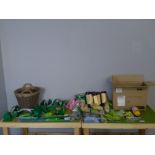A mixed lot of gardening items, including lawn sprinkler attachments, wheelie bin liners, raffia