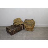 A Russian canvas back-pack, a Norwegian metal framed canvas back-pack and vintage brown leather