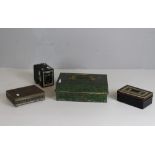 A box Brownie model D camera, a small cash box, a larger painted cash box with sectioned interior