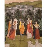 Early 20th Century Indian gouache on silk, Kali and attendants before a Lake,