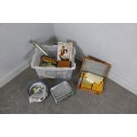 A Box of miscellaneous, including vintage scales, hen on nest, Mahjong set, music stand, chamber