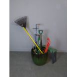 A large green glazed garden planter 46cm x 51cm and a quantity of garden tools, edging tool,