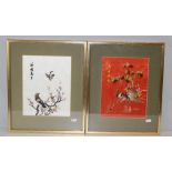Two Chinese silk-work embroideries, depicting birds amongst foliage, gilt framed 43cm x 35cm