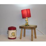 A vintage pine stool, the 'Wei-yit' vacuum flask and a Disney style lamp