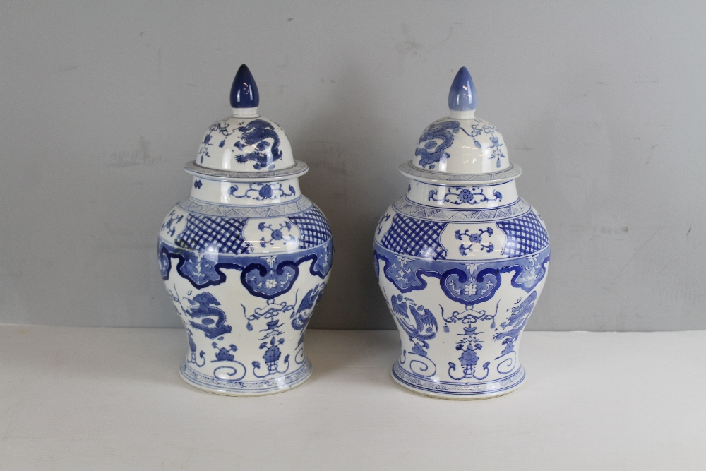 Pair of modern blue and white pottery baluster shaped vases and covers of Chinese design 86cm - Image 2 of 3