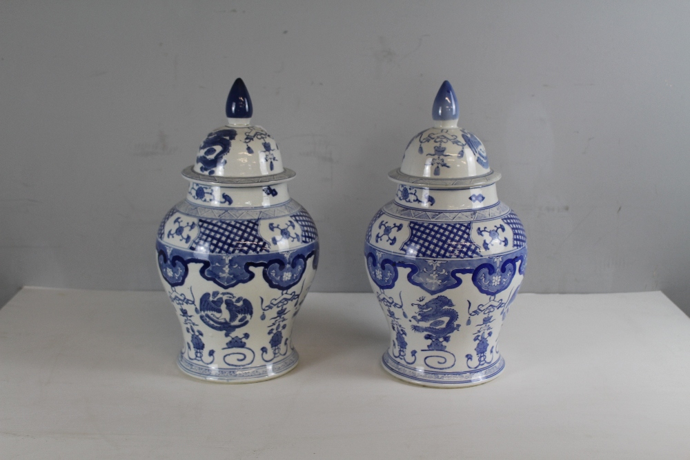 Pair of modern blue and white pottery baluster shaped vases and covers of Chinese design 86cm - Image 3 of 3