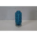 A Geoffery Baxter for Whitefriars 'Greek Key' pattern vase in kingfisher blue 20cm small flake to