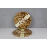 Two circular rubberwood 'Camembert' cheese boards, 35cm dia, as new in cellophane wrapping