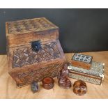 Eastern hardwood 'Fortune' box of wicker design, 25cm square x 25cm high and six other items