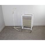 A vintage metal medical stand 120cm and trolley with plastic slides 88cm x 51cm x 48.5cm