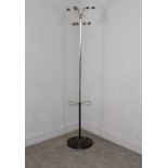 A mid-century Atomic style chrome and cast-iron hall stand , with black finial hooks and two