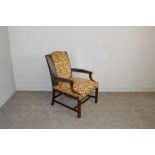 Leather & Leopard Print Fabric Armchair, with scrolled partially padded arms, raised on butterfly