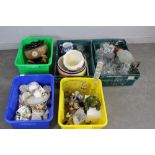 Five boxes of miscellaneous china and glass, including glass animal figures, Doulton type