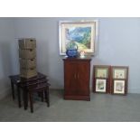 A mahogany hi-fi unit, a Stag nest of three tables, four Chinese flower prints, an Italian lake